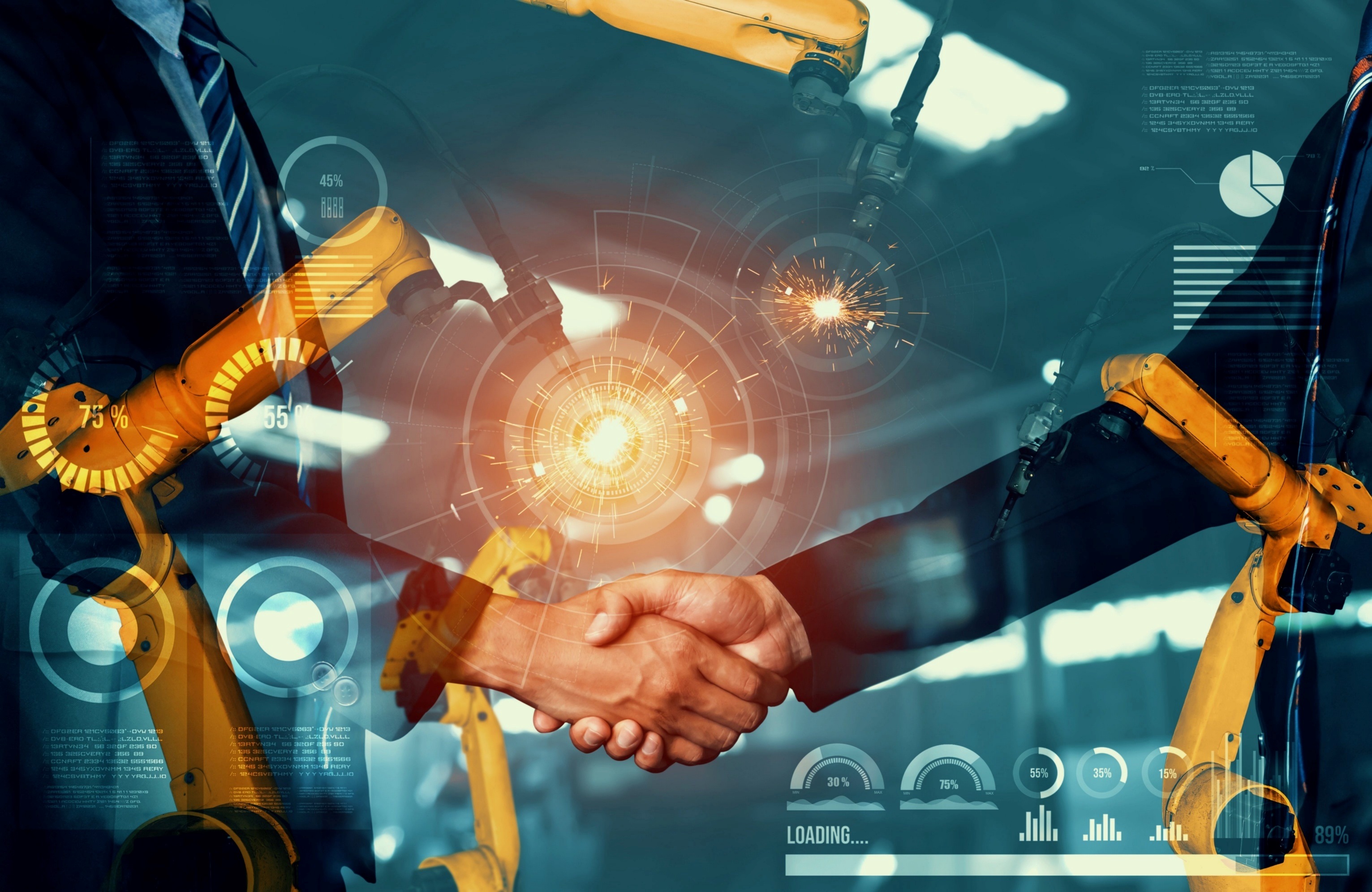 Photo collage, showing two people in suits shaking hands, superimposed over several robots with welding attachments. There are also computer graphics with sparks flying out of them.