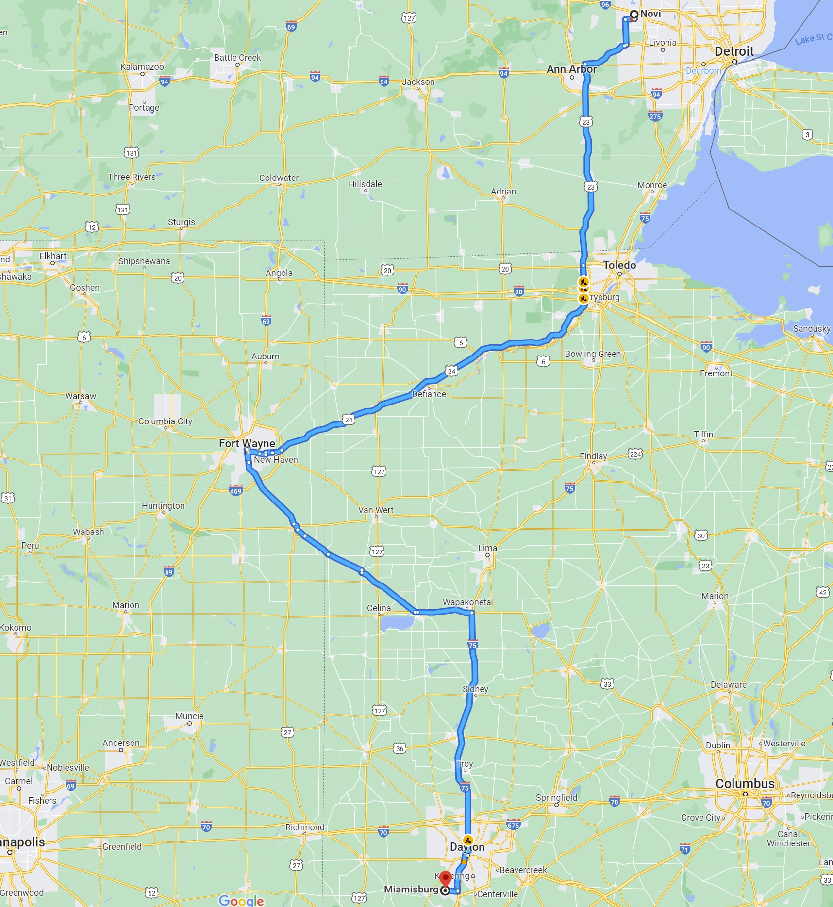 A map showing the route taken from Miamisburg, Ohio, through Fort Wayne, Indiana, to Novi, Michigan.