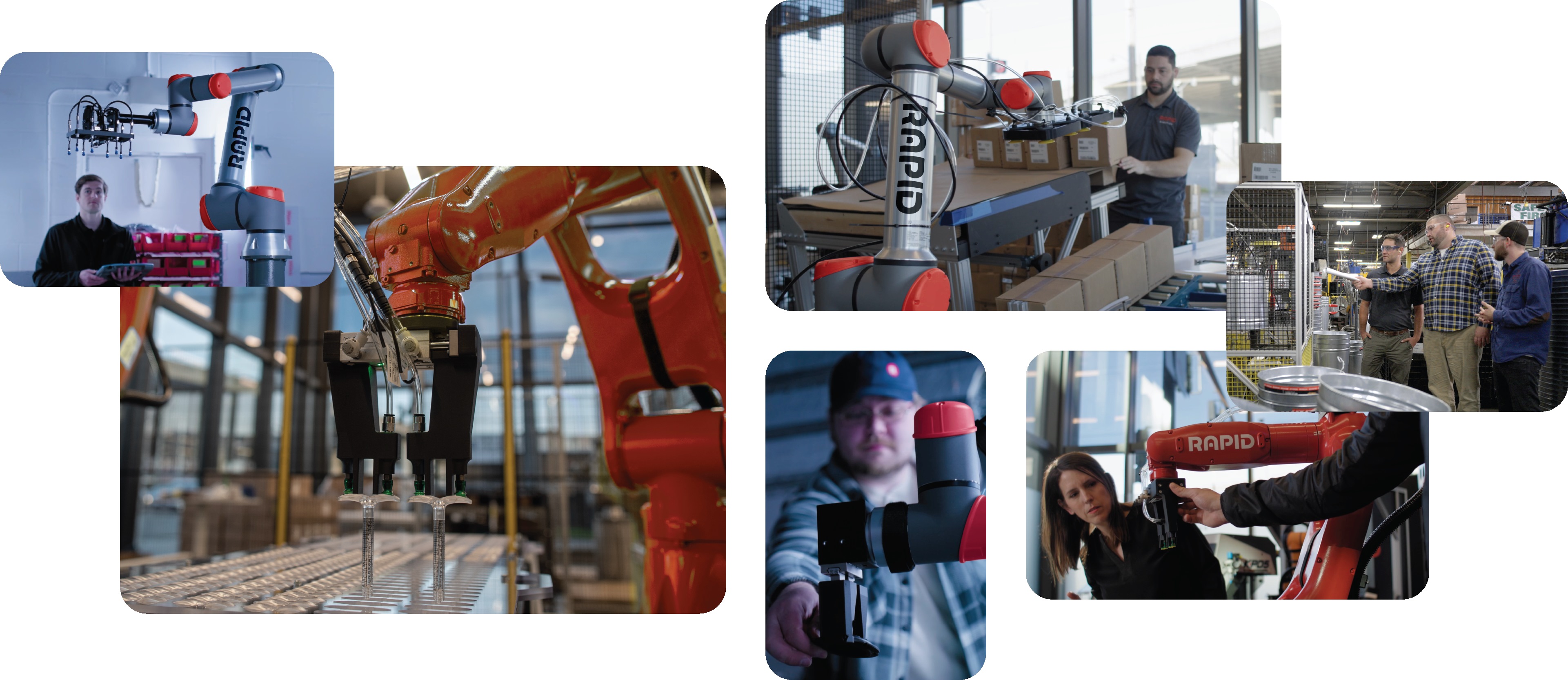 A collage of images showing robots and people working together.