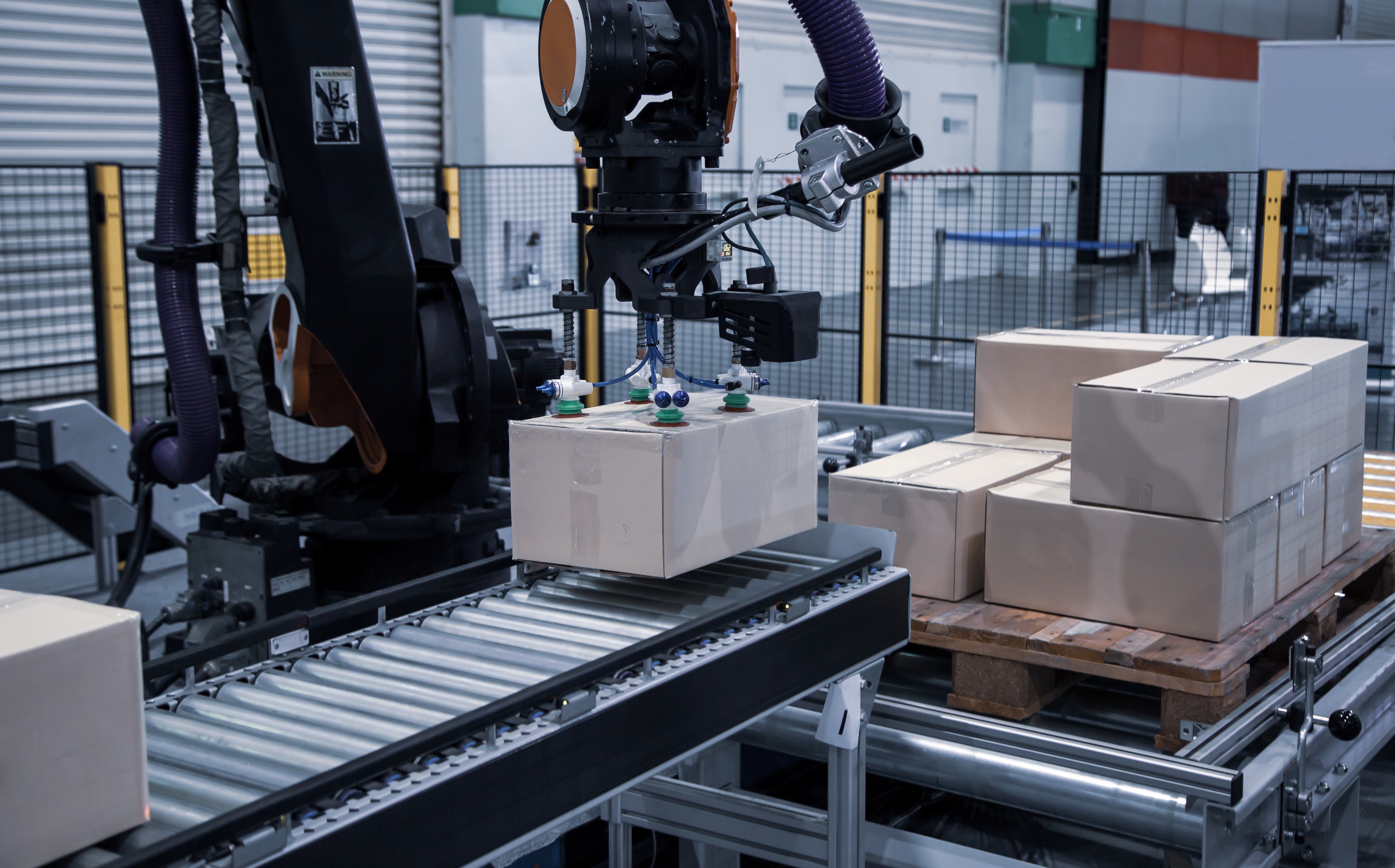 A black and red industrial robot arm picks a cardboard box off of a roller belt to place on a nearby pallet.