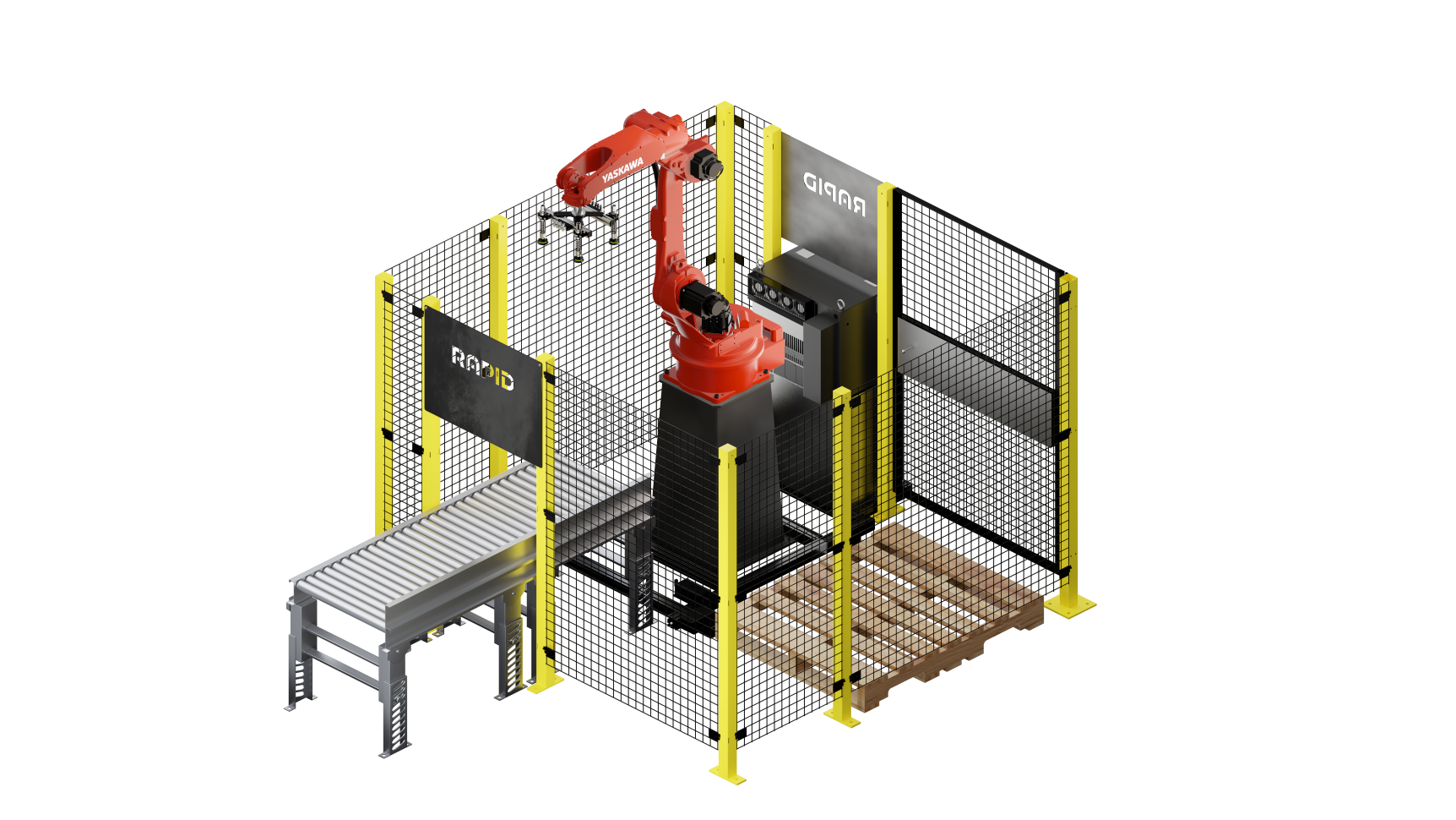A red industrial robot arm in a fenced workcell. The arm is ready to pick from an infeed belt in front of it, and place a box on a wooden pallet on the right side of the image.