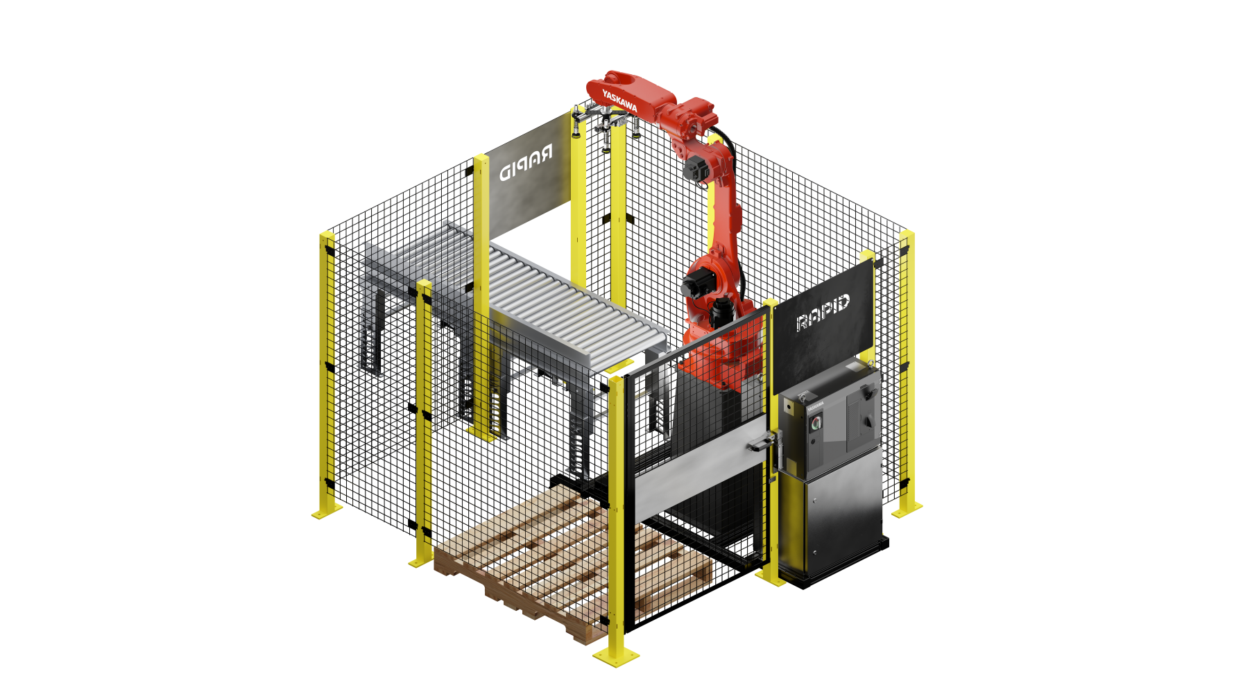 A rear view of a red industrial robot arm in a fenced workcell. The arm is ready to pick from an infeed belt in front of it, and place a box on a wooden pallet on the right side of the image.