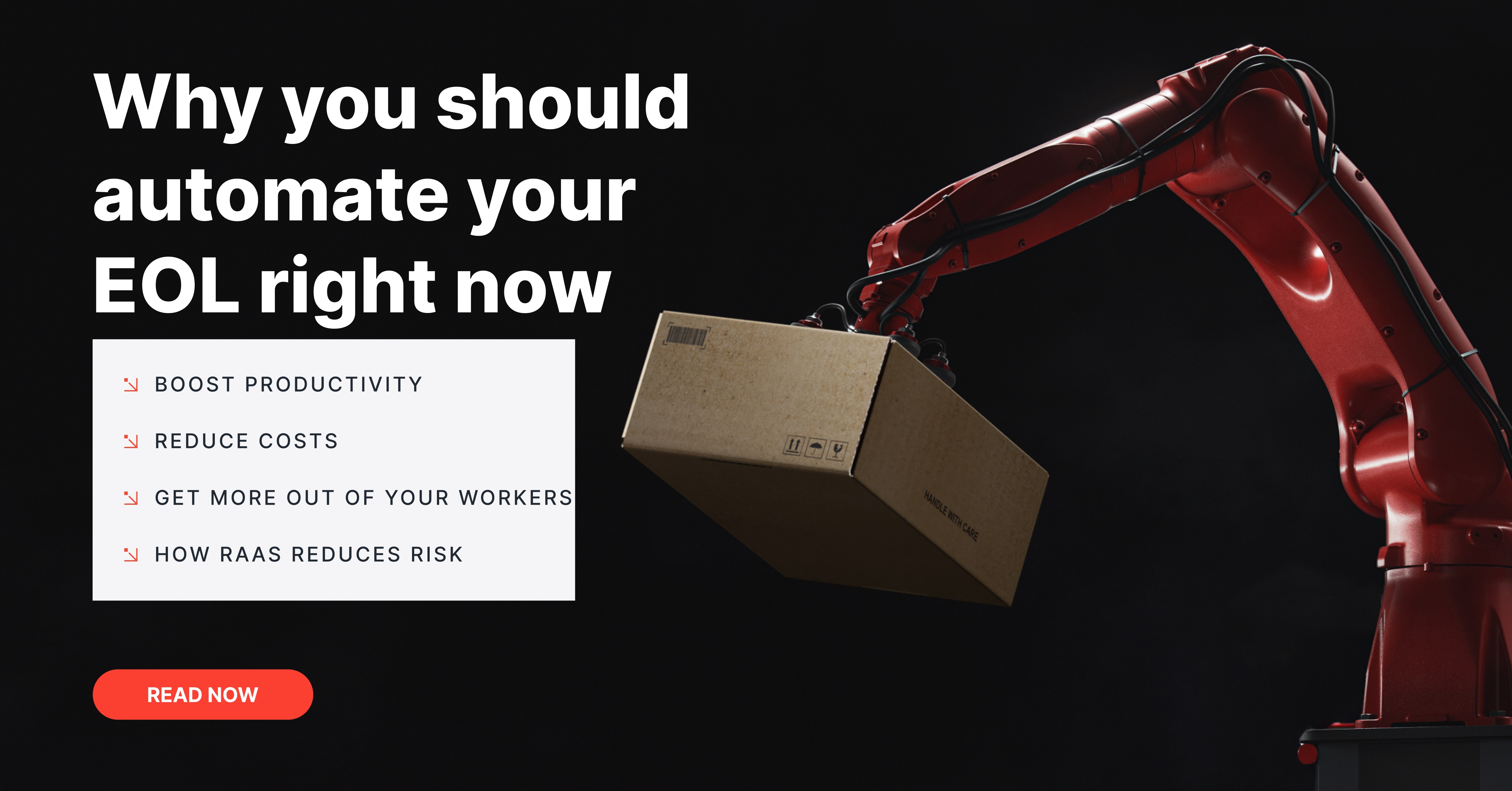 A red industrial robot on a black background, holding a cardboard box with a suction gripper. Headline copy reads 
