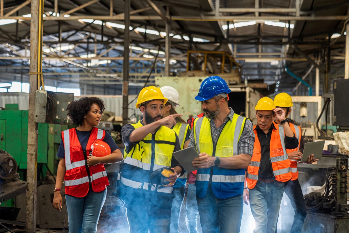 A group of 7 workers wearing hard hats and safety vests, touring a plant floor and discussing opportunities to improve production.