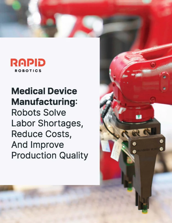 Cover of the Medical Device Manufacturing white paper, showing an industrial arm prepared to lift syringes for pad printing.