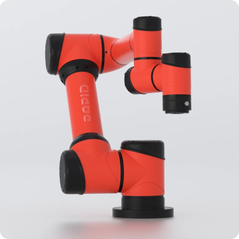 A red and black robotic arm with the Rapid robotics logo on the spine of the robot.
